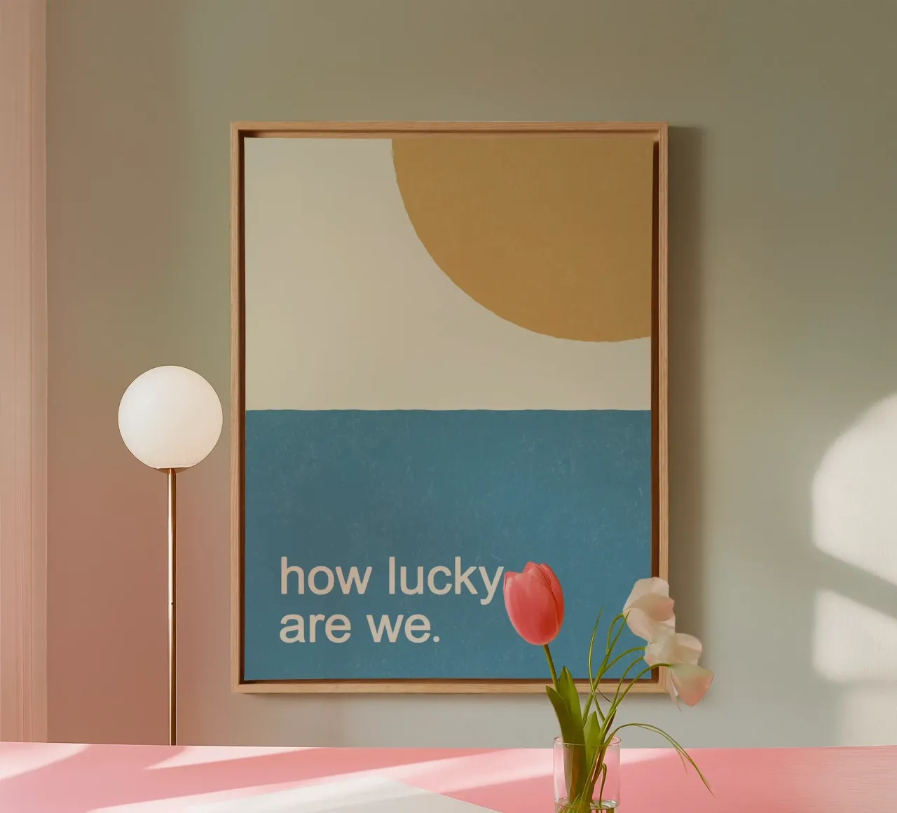How Lucky Are We - Goud Zon Oceaan Blauw canvas met Baklijst van MoonlightPrint