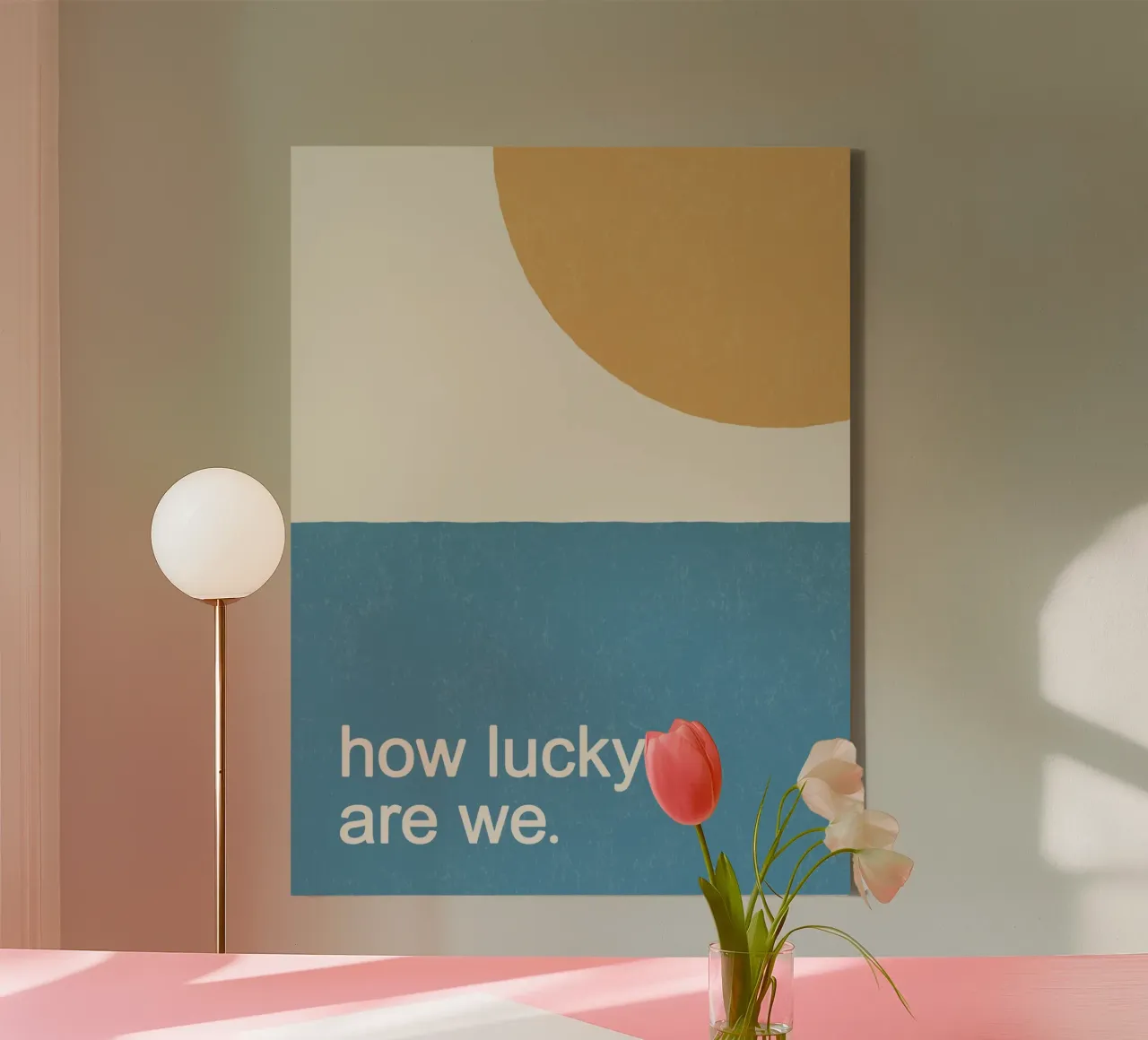 How Lucky Are We - Goud Zon Oceaan Blauw canvas met Baklijst van MoonlightPrint