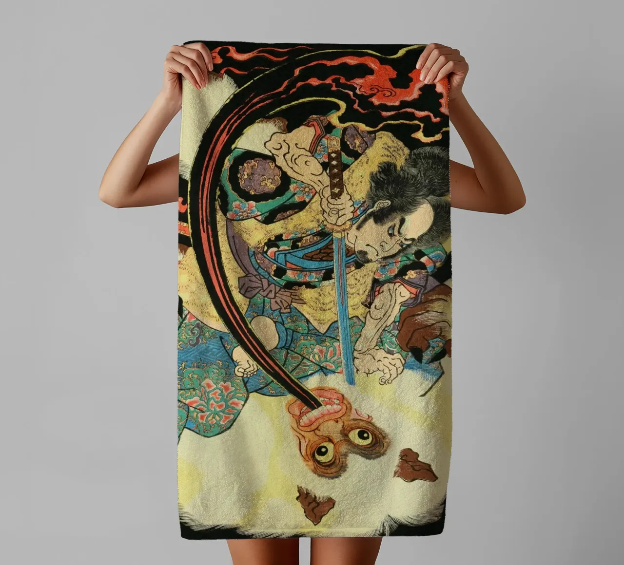 Samurai Killing Hihi Demon - Vintage Japanese Ukiyo-e towel by Masterpieces Of Japanese Art