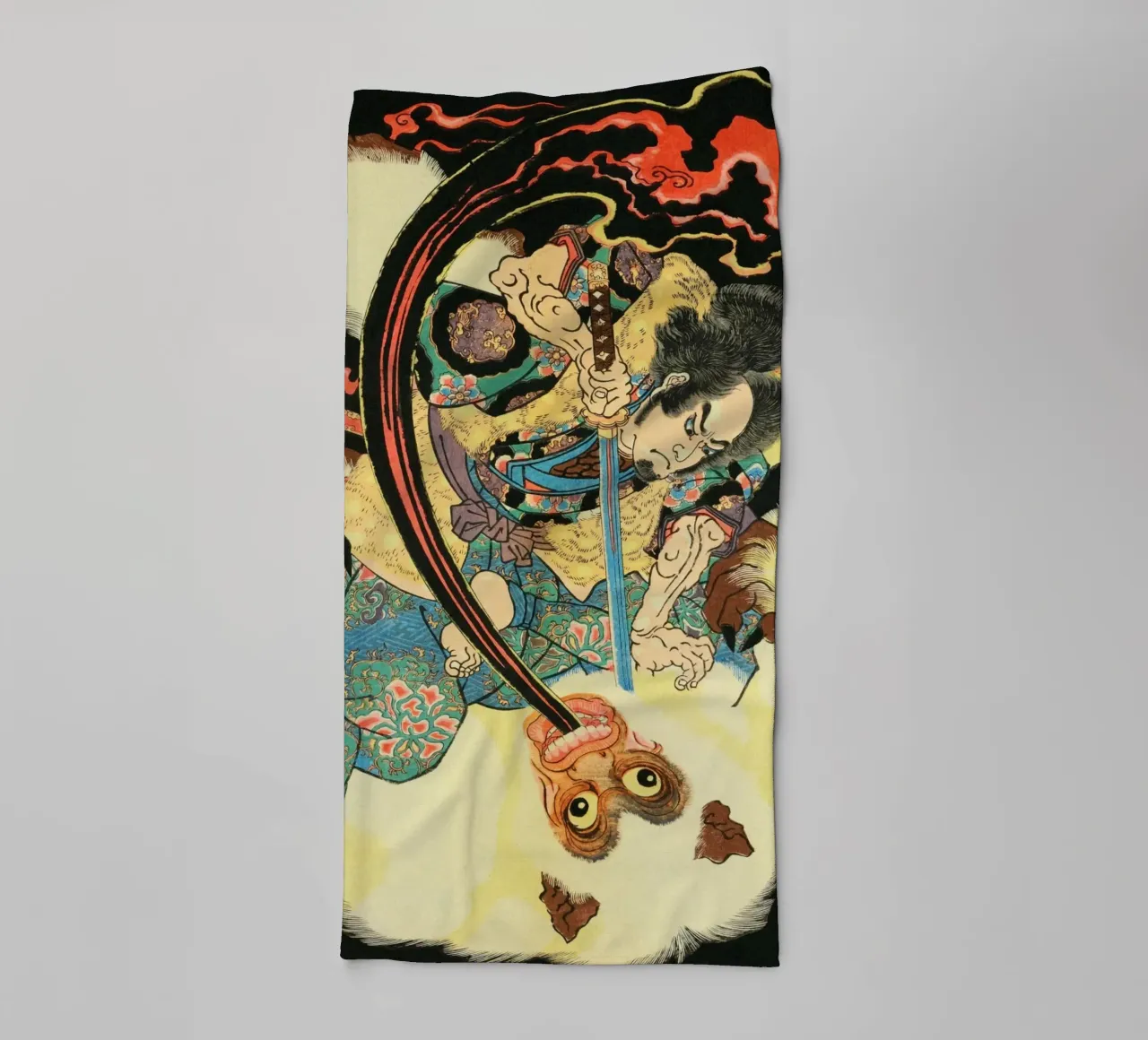 Samurai Killing Hihi Demon - Vintage Japanese Ukiyo-e towel by Masterpieces Of Japanese Art