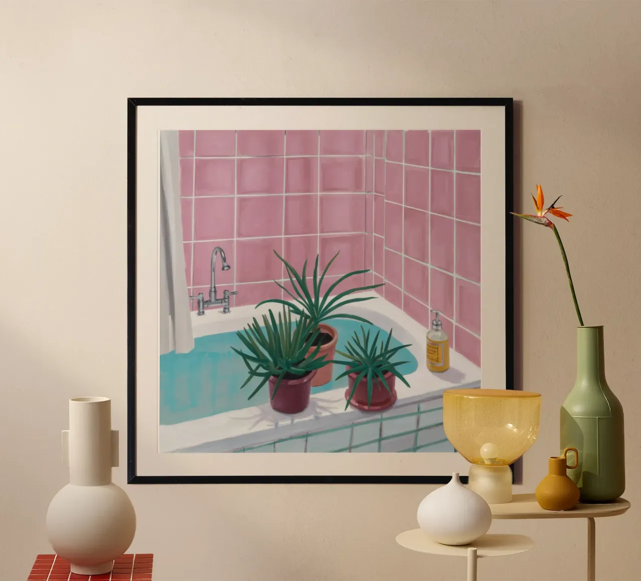 Piastrella rosa Spa poster con telaio in legno da Pan Denim