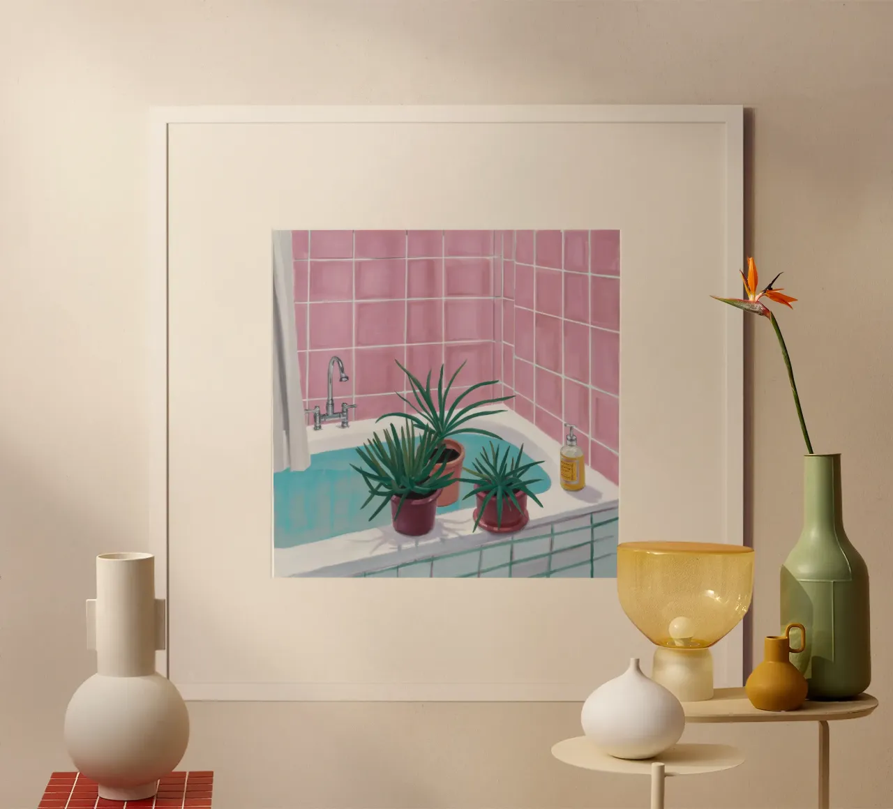 Piastrella rosa Spa poster con telaio in legno da Pan Denim