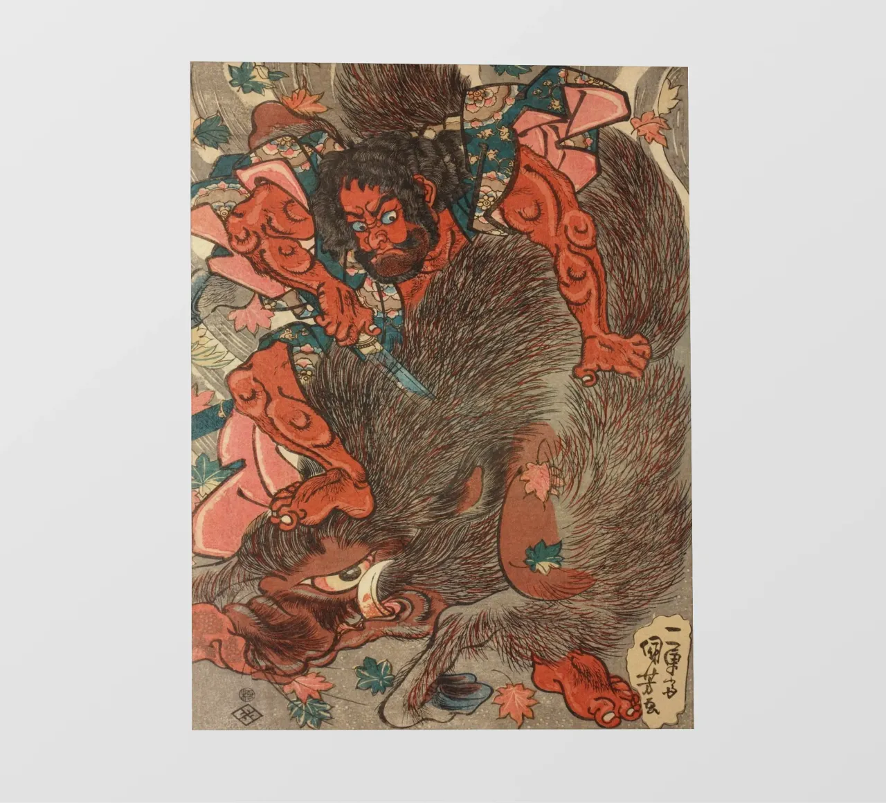 Samurai auf der Jagd nach einem riesigen Wildschwein - Japanischer Farbholzschnitt Fototapete von Masterpieces Of Japanese Art