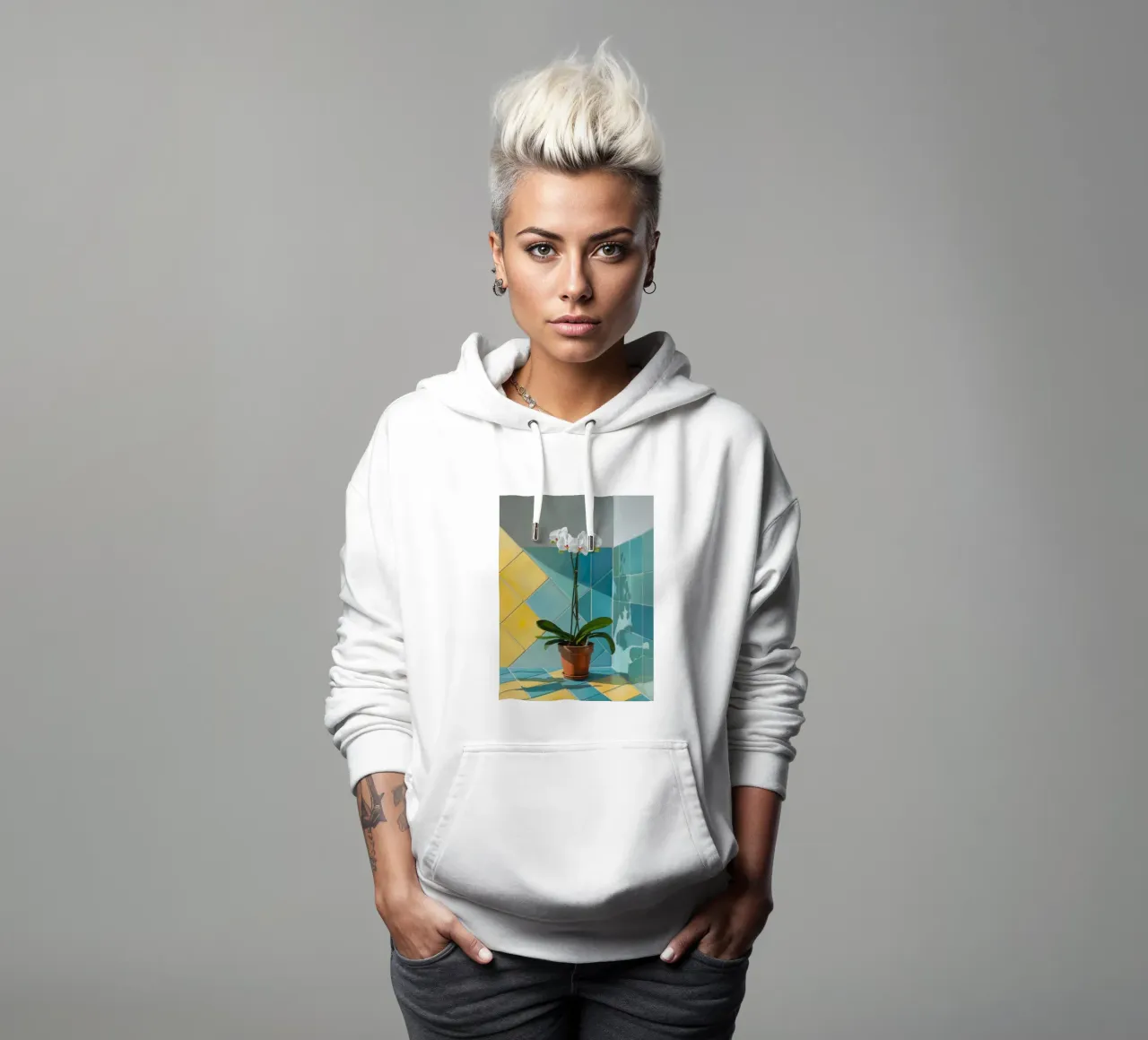 Geometria dell'orchidea bianca felpa con cappuccio da Pan Denim