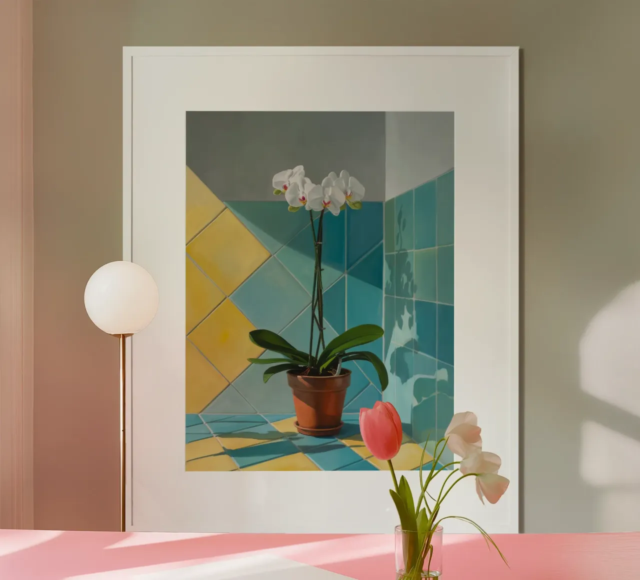 Geometria dell'orchidea bianca poster con telaio in legno da Pan Denim