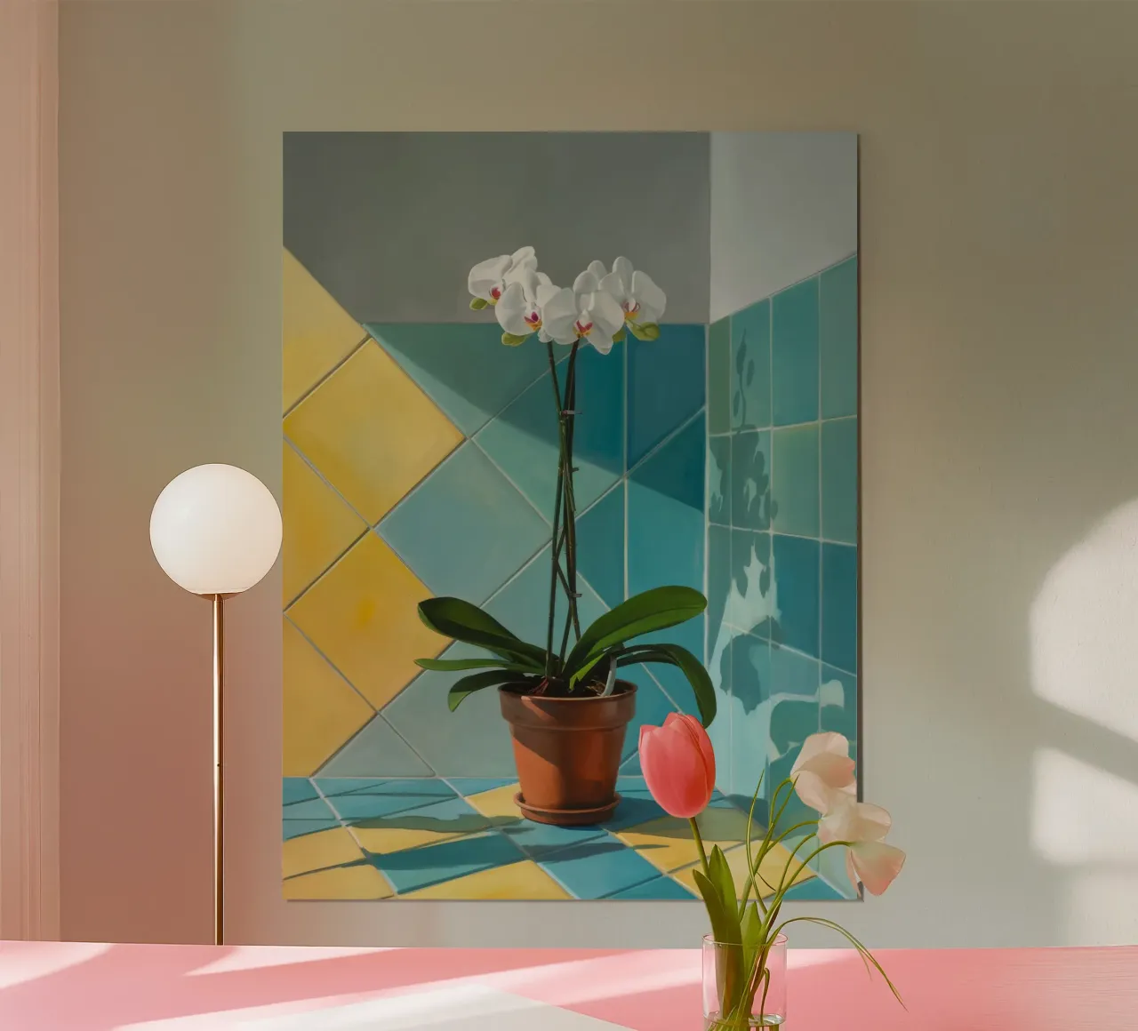 Geometria dell'orchidea bianca poster con telaio in legno da Pan Denim