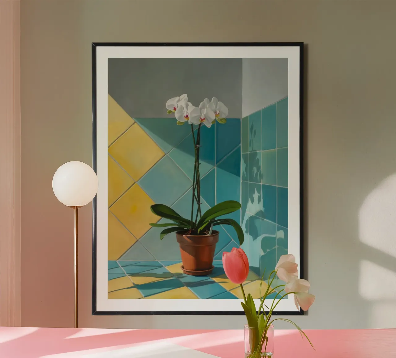 Geometria dell'orchidea bianca poster con telaio in legno da Pan Denim