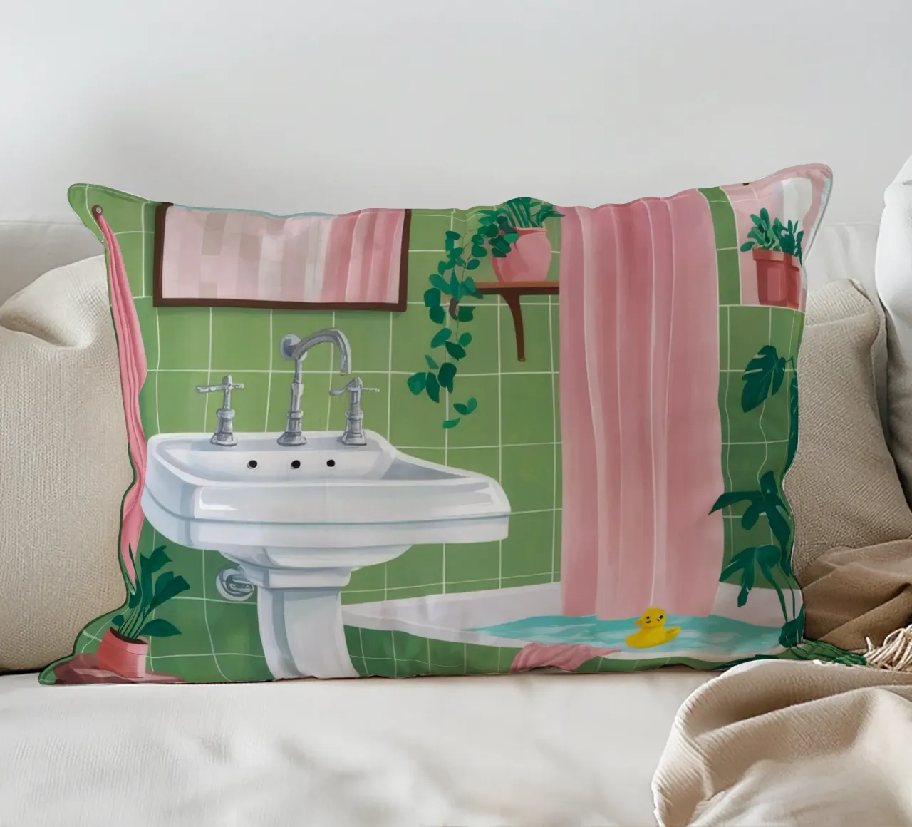 Bagno con piastrelle verdi cuscino da Pan Denim