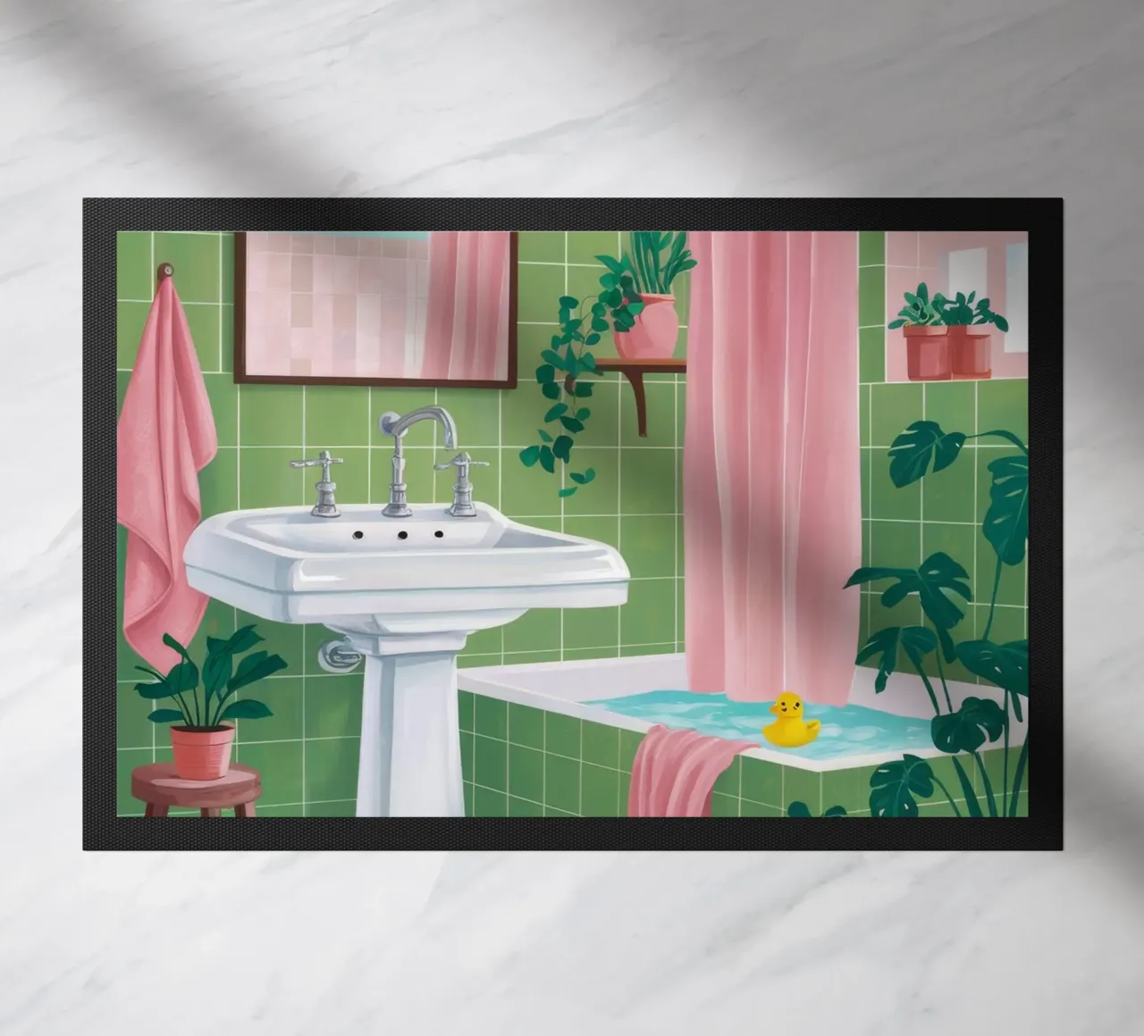 Bagno con piastrelle verdi zerbino da Pan Denim