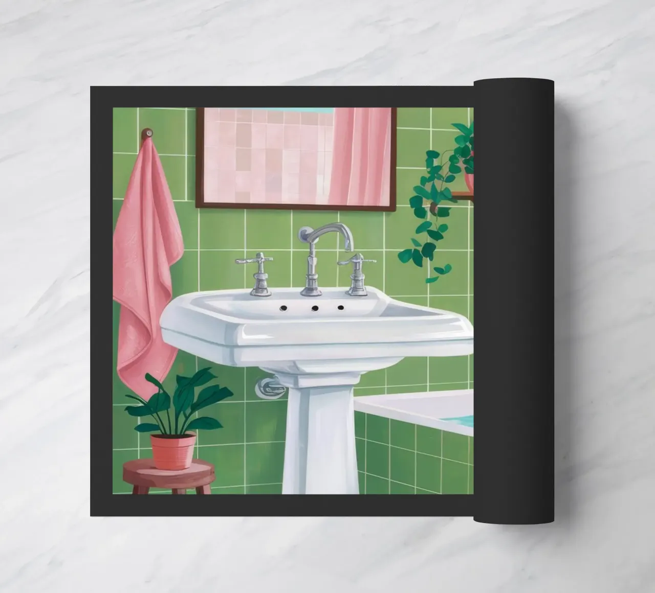 Bagno con piastrelle verdi zerbino da Pan Denim