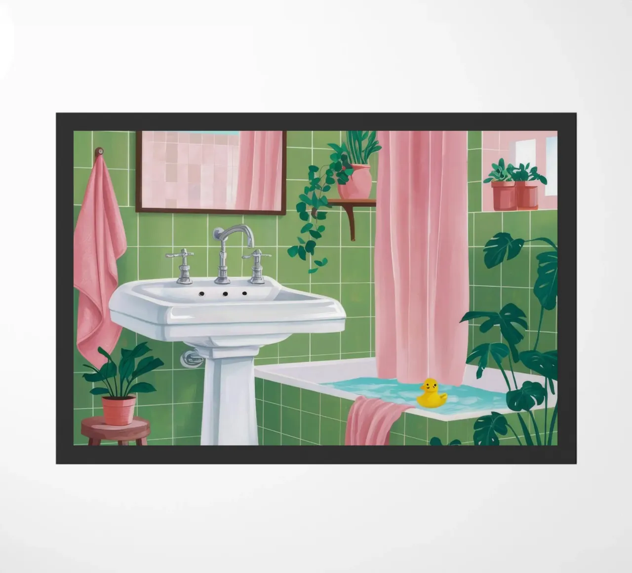 Bagno con piastrelle verdi zerbino da Pan Denim