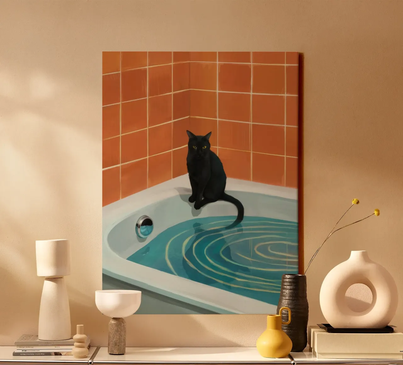 Bagnoschiuma gatto nero tela con Cornice a cassetta da Pan Denim