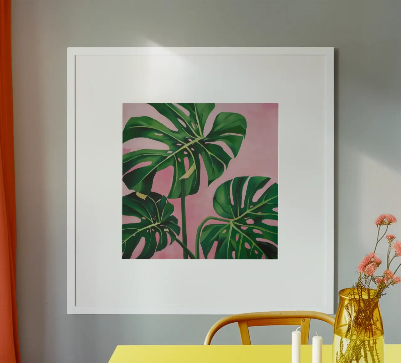Monstera rosa da parete poster con telaio in legno da Pan Denim