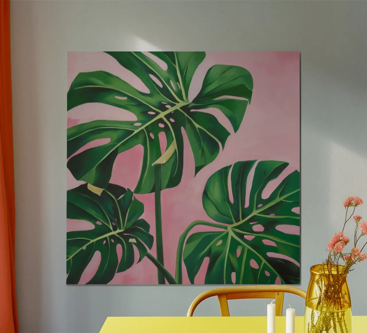 Monstera rosa da parete poster con telaio in legno da Pan Denim