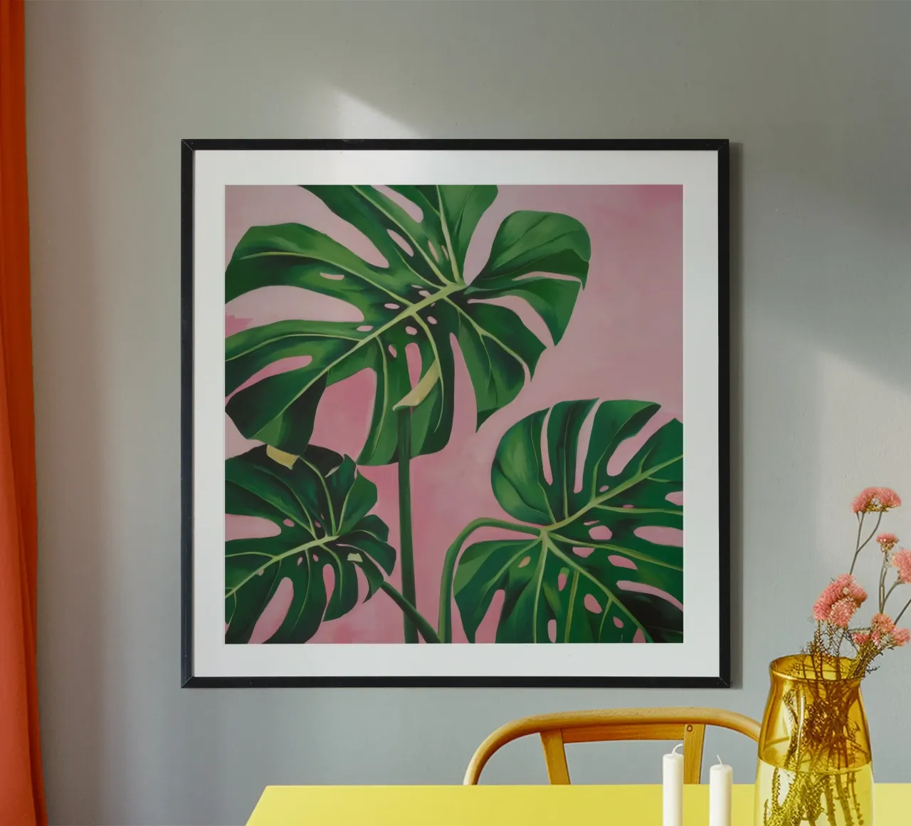 Monstera rosa da parete poster con telaio in legno da Pan Denim