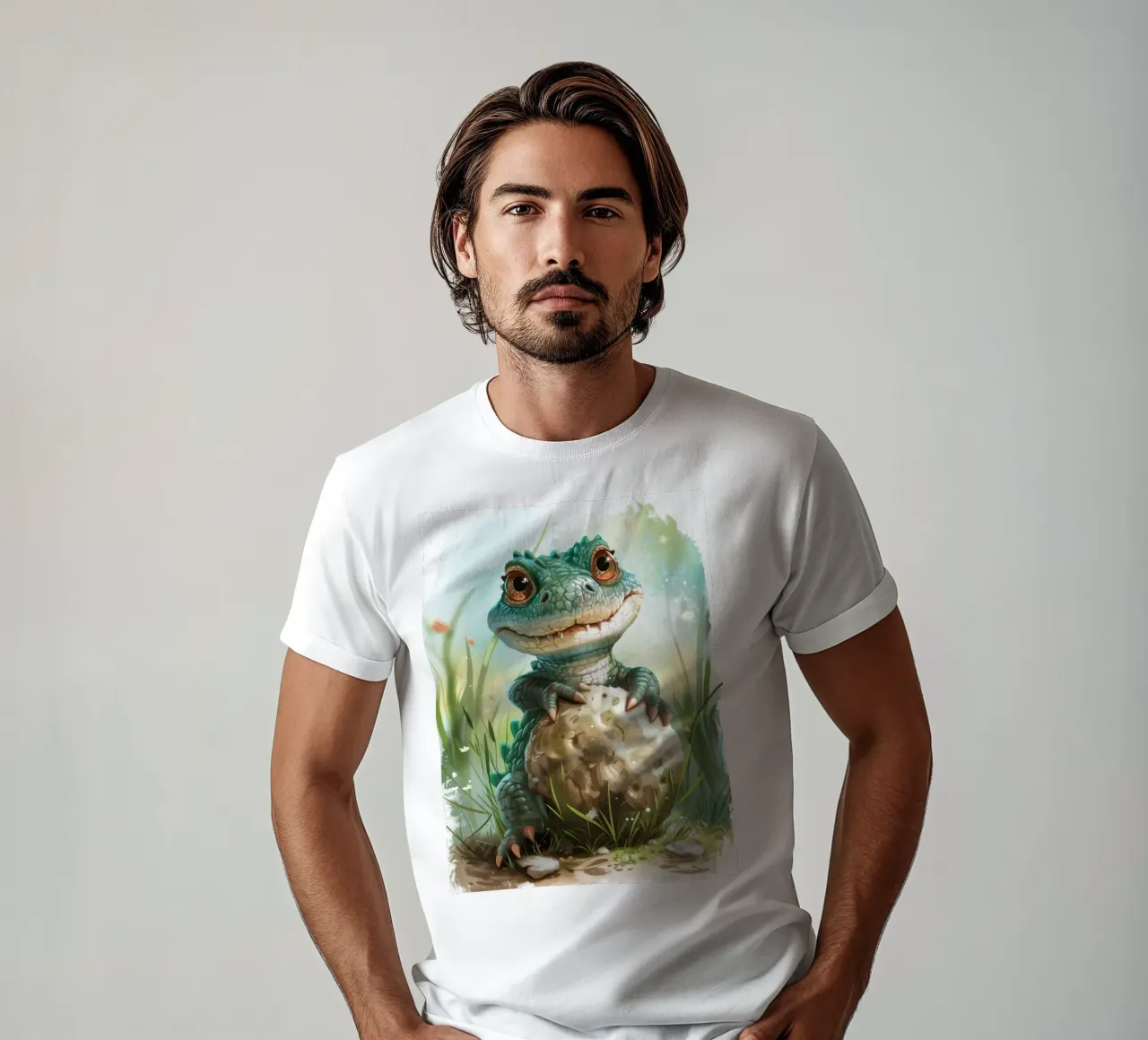 Un alligatore che abbraccia una roccia con occhi spalancati pieni di tenerezza t-shirt da DesignDoodle