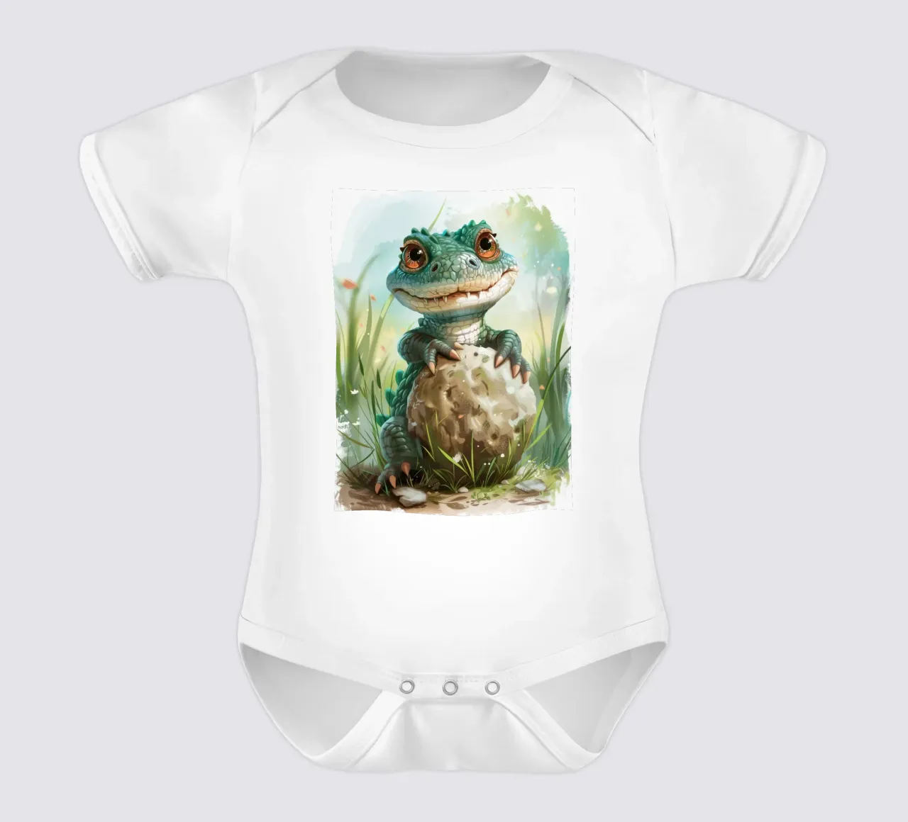 Un alligator embrassant un rocher avec de grands yeux remplis de mignonnerie. body bébé de DesignDoodle