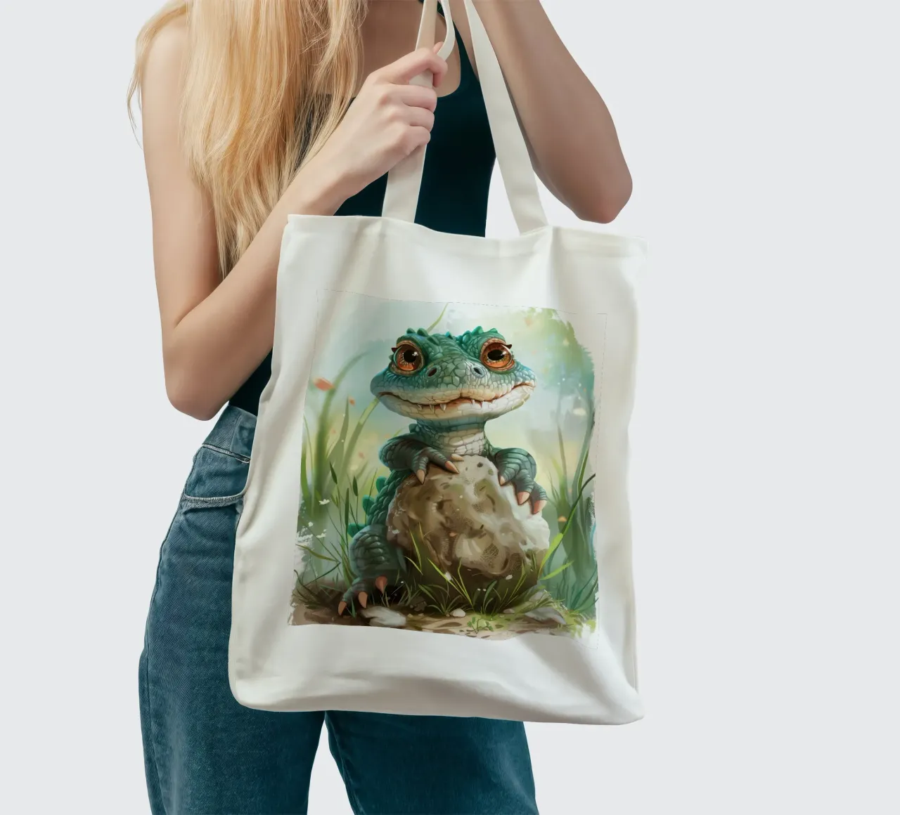 Un alligatore che abbraccia una roccia con occhi spalancati pieni di tenerezza borsa in juta da DesignDoodle