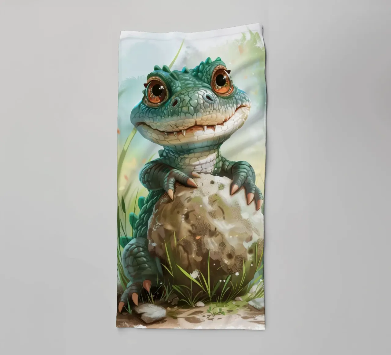 Un alligator embrassant un rocher avec de grands yeux remplis de mignonnerie. serviette de bain de DesignDoodle