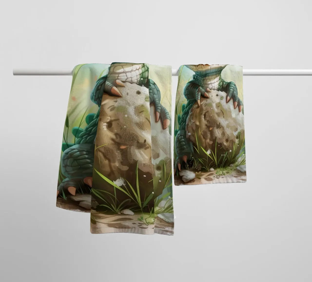 Un alligator embrassant un rocher avec de grands yeux remplis de mignonnerie. serviette de bain de DesignDoodle