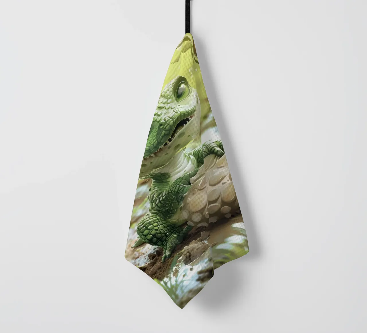 Un piccolo alligatore appollaiato con sicurezza su una roccia canovaccio da cucina da DesignDoodle