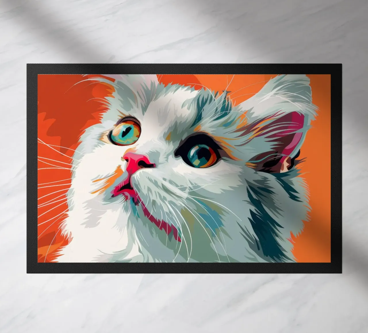 an American Curl cat with mesmerizing eyes and luxurious fur doormat by DesignDoodle
