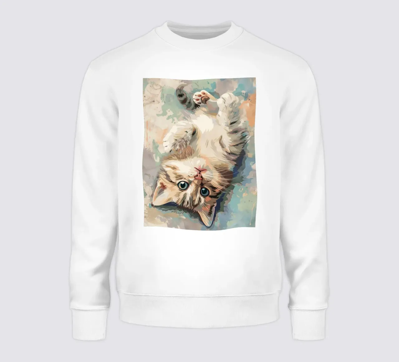 fluffy kitten with bright eyes, playfully lying on its back sweatshirt by DesignDoodle