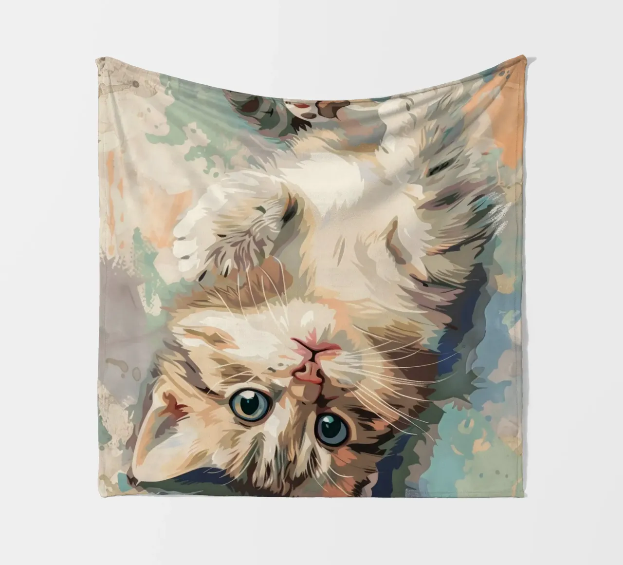 fluffy kitten with bright eyes, playfully lying on its back fleece blanket by DesignDoodle