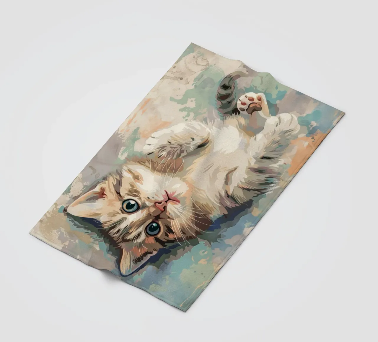 fluffy kitten with bright eyes, playfully lying on its back fleece blanket by DesignDoodle