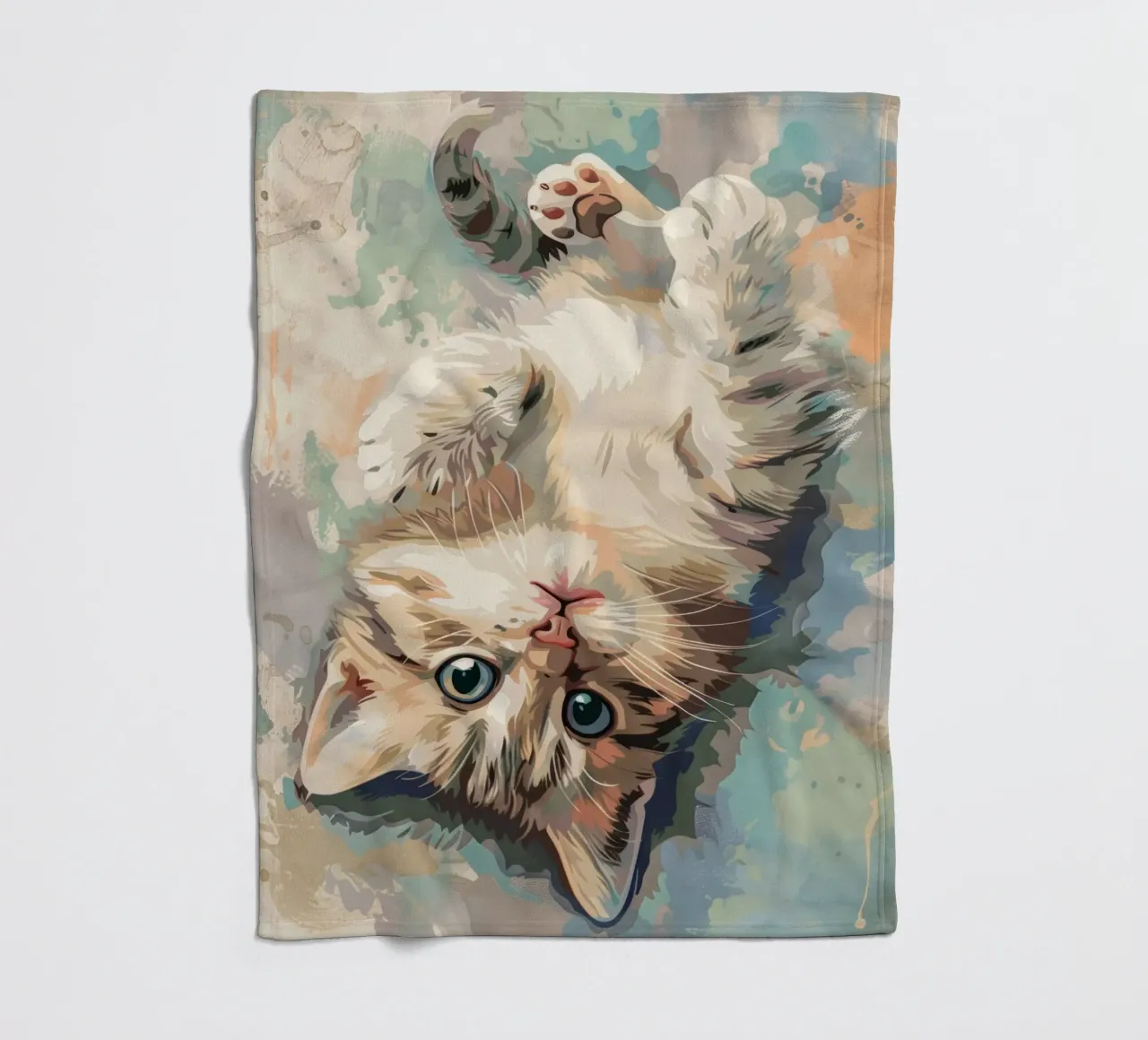 fluffy kitten with bright eyes, playfully lying on its back fleece blanket by DesignDoodle