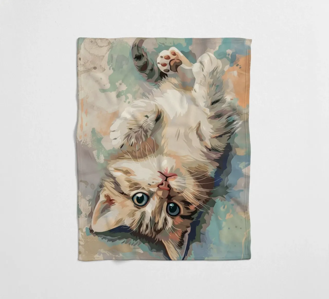 fluffy kitten with bright eyes, playfully lying on its back fleece blanket by DesignDoodle