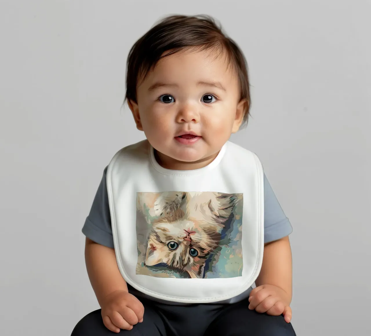 fluffy kitten with bright eyes, playfully lying on its back baby bib by DesignDoodle