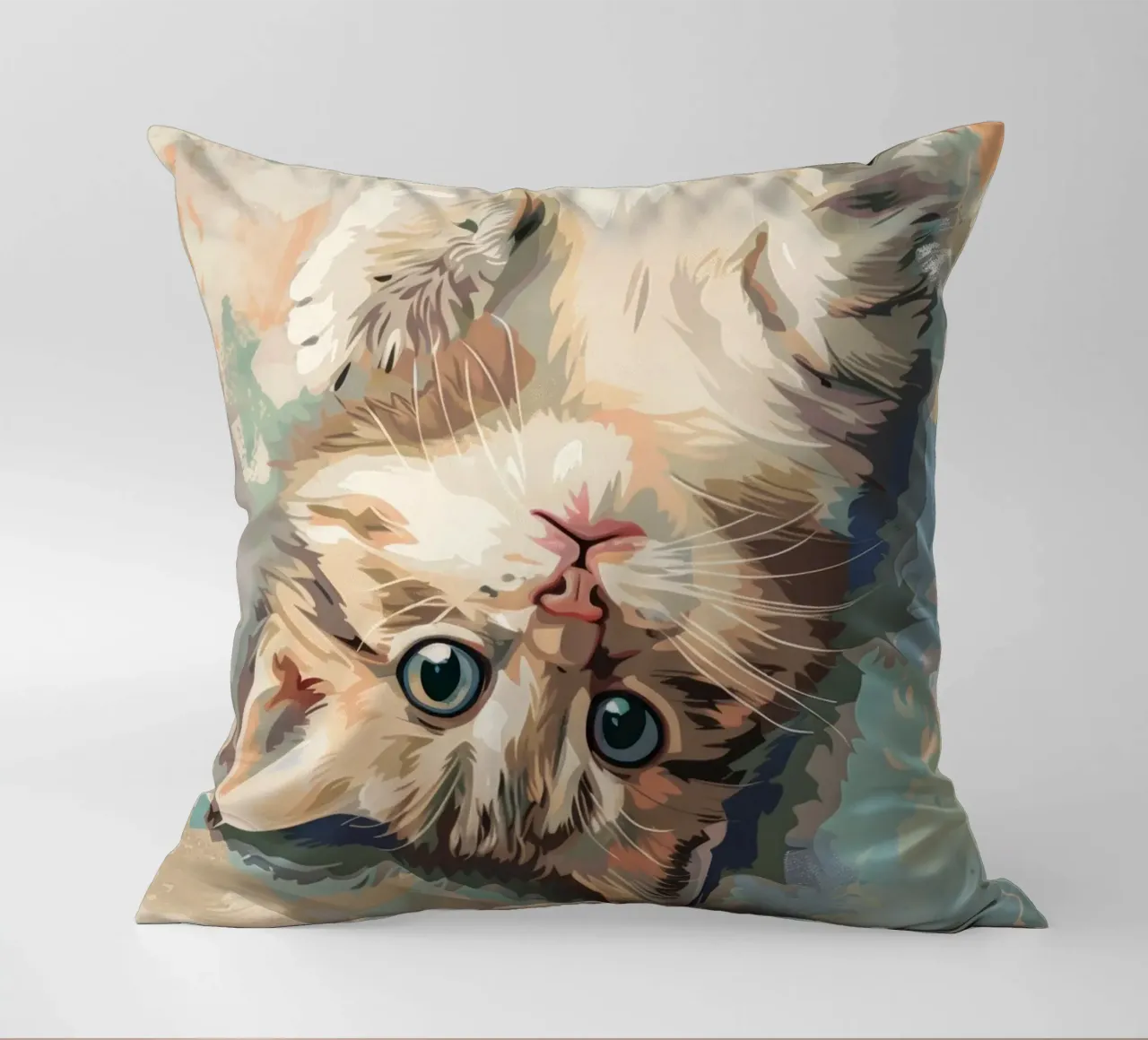 fluffy kitten with bright eyes, playfully lying on its back decorative cushion by DesignDoodle