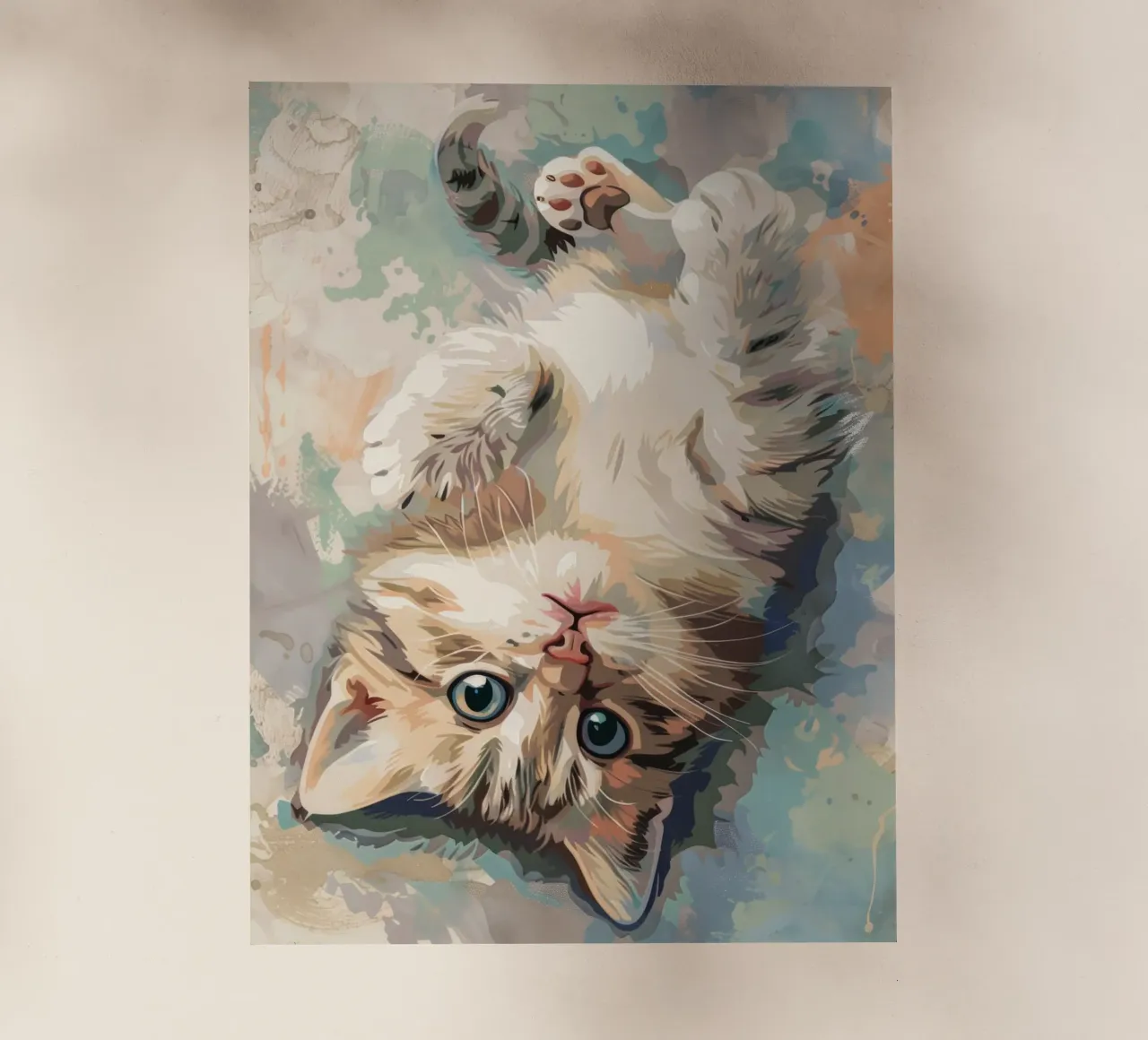 fluffy kitten with bright eyes, playfully lying on its back backlit film by DesignDoodle
