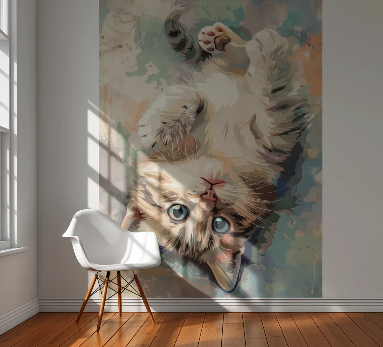 fluffy kitten with bright eyes, playfully lying on its back photo wallpaper by DesignDoodle