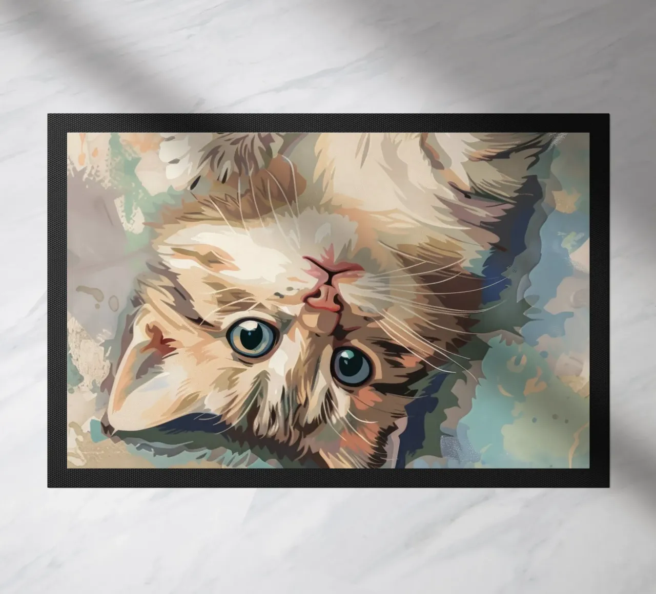 gattino soffice con occhi luminosi, sdraiato giocosamente sulla schiena zerbino da DesignDoodle
