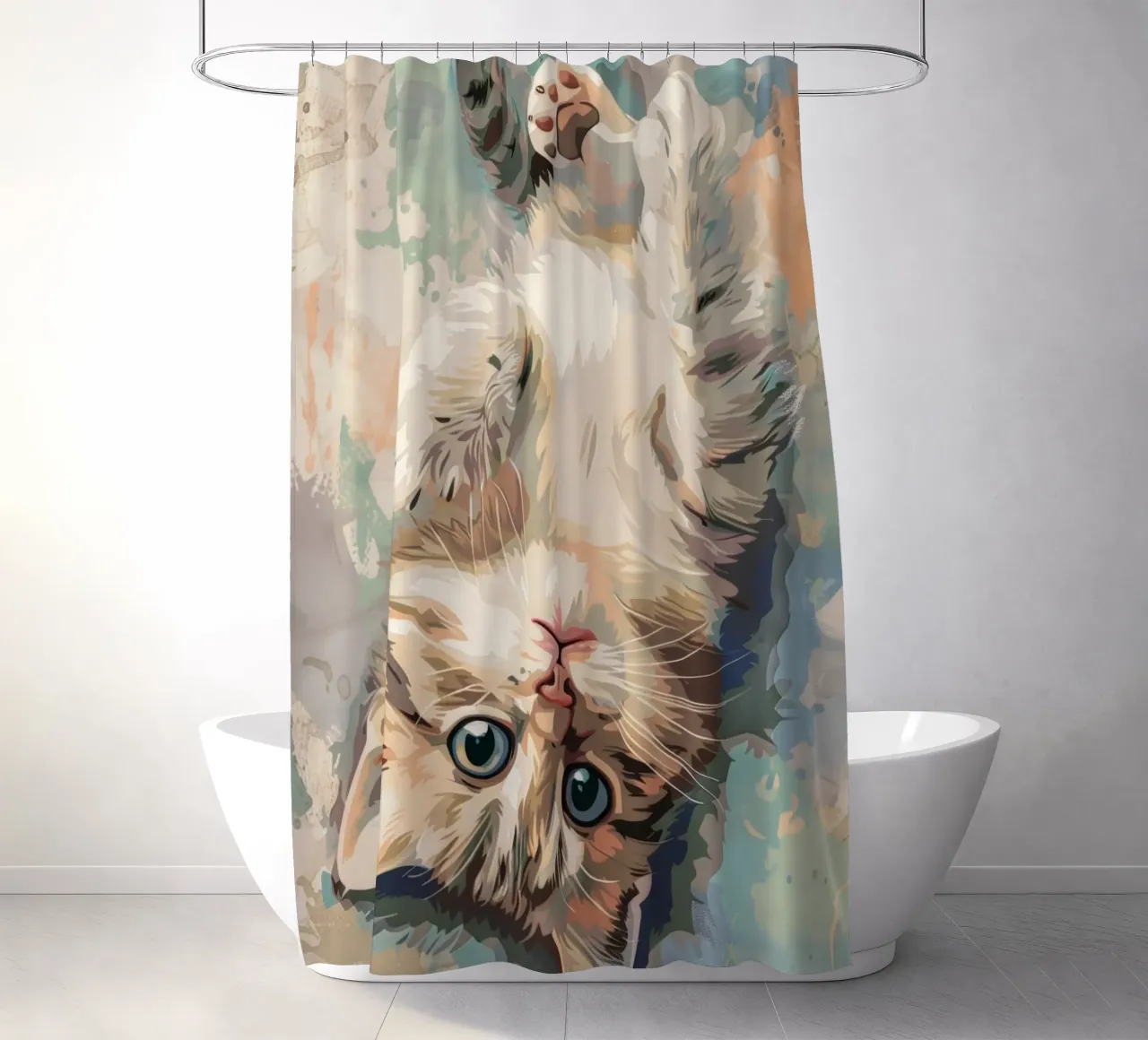 fluffy kitten with bright eyes, playfully lying on its back shower curtain by DesignDoodle