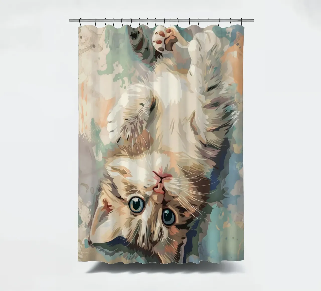 fluffy kitten with bright eyes, playfully lying on its back shower curtain by DesignDoodle