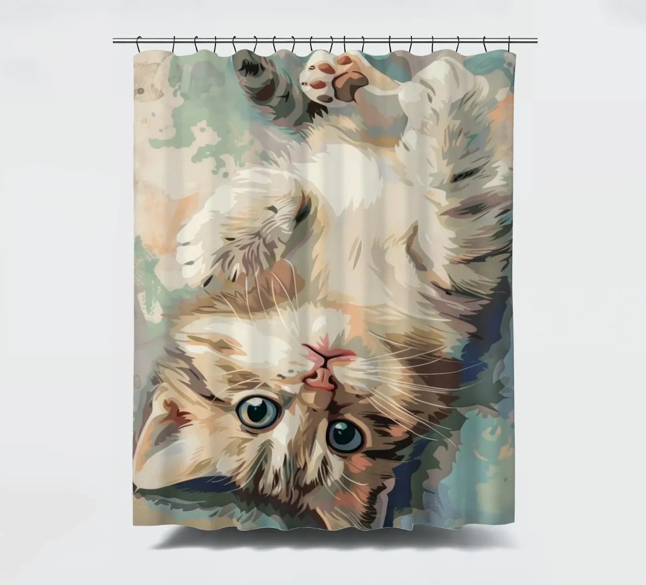 fluffy kitten with bright eyes, playfully lying on its back shower curtain by DesignDoodle