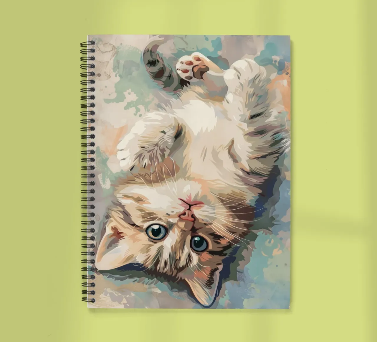 fluffy kitten with bright eyes, playfully lying on its back spiral notebook by DesignDoodle