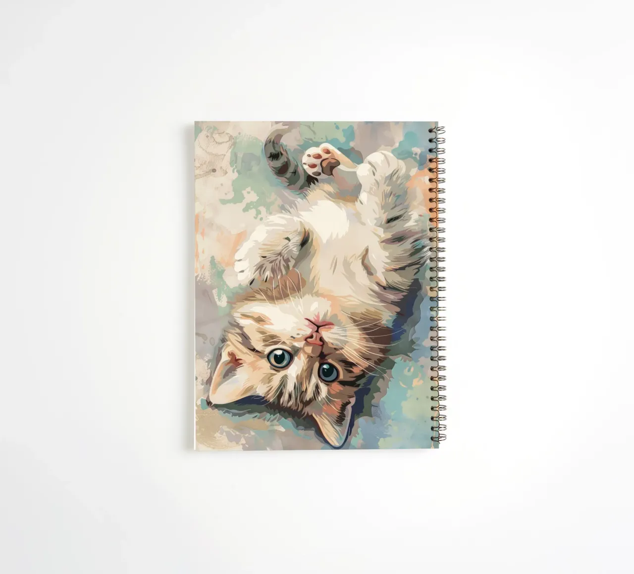 fluffy kitten with bright eyes, playfully lying on its back spiral notebook by DesignDoodle