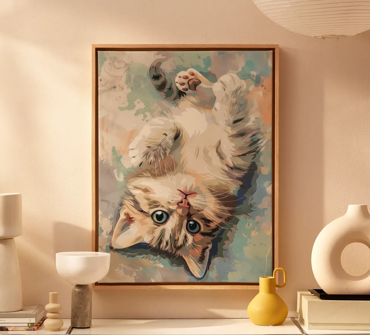 fluffy kitten with bright eyes, playfully lying on its back canvas by DesignDoodle