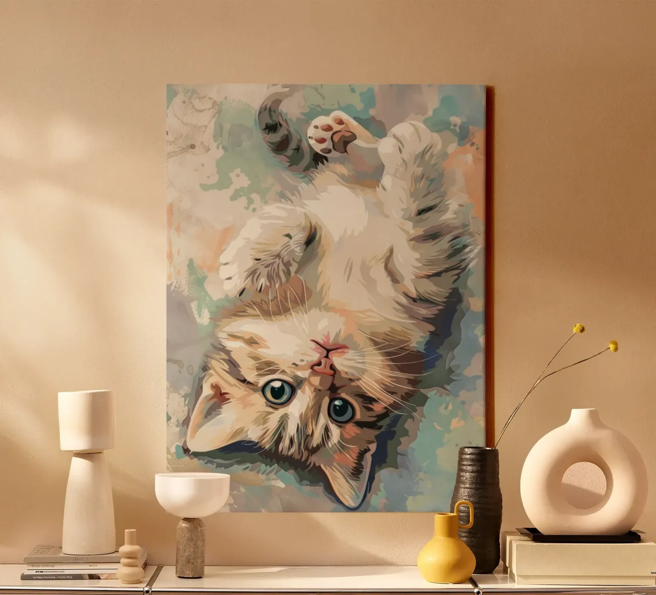 fluffy kitten with bright eyes, playfully lying on its back canvas by DesignDoodle