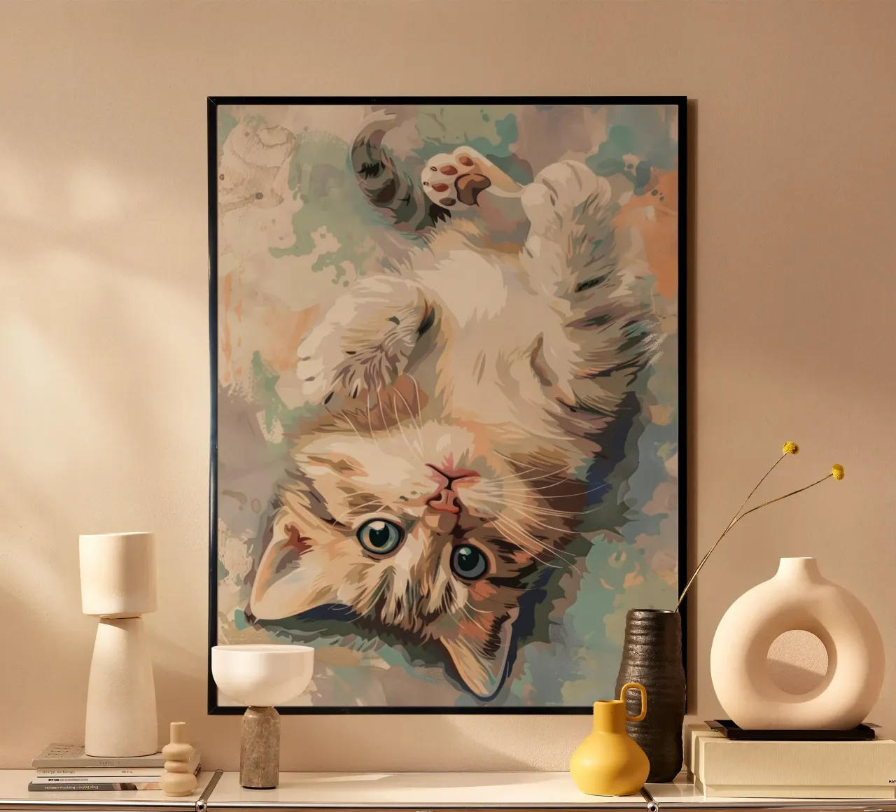 fluffy kitten with bright eyes, playfully lying on its back hahnemühle by DesignDoodle