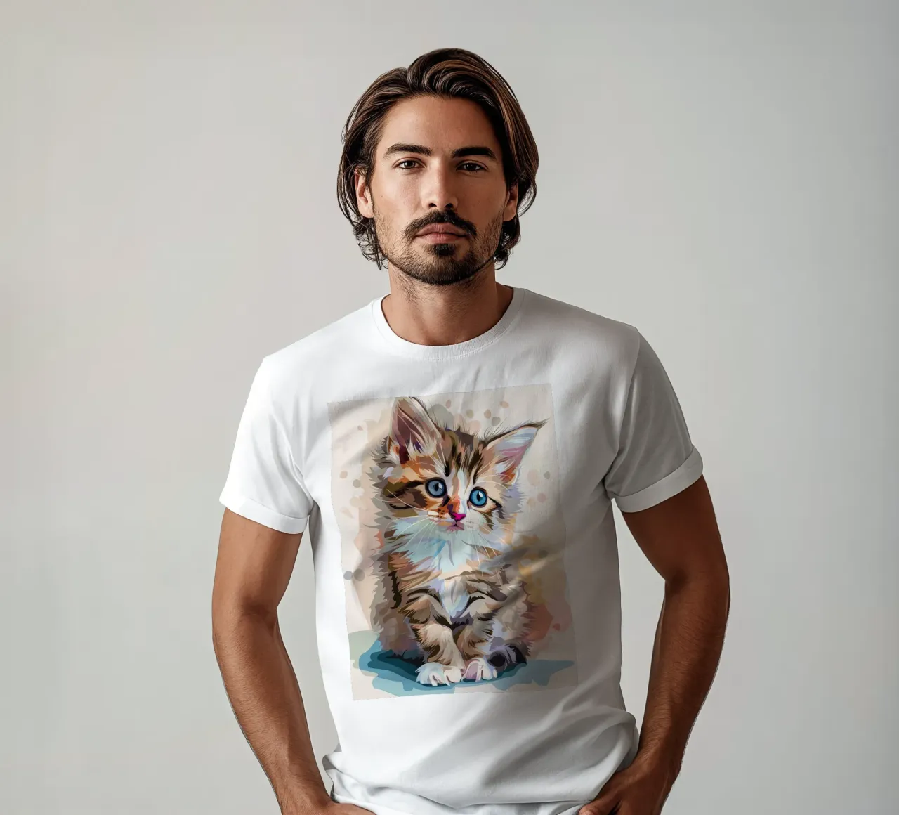 un gattino con grandi occhi azzurri, che guarda verso l'alto con curiosità t-shirt da DesignDoodle
