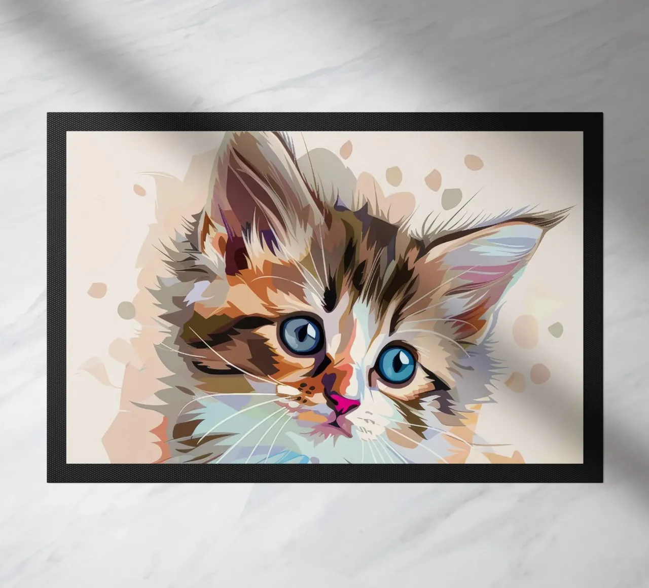 un chaton aux grands yeux bleus, qui regarde vers le haut avec curiosité paillasson de DesignDoodle