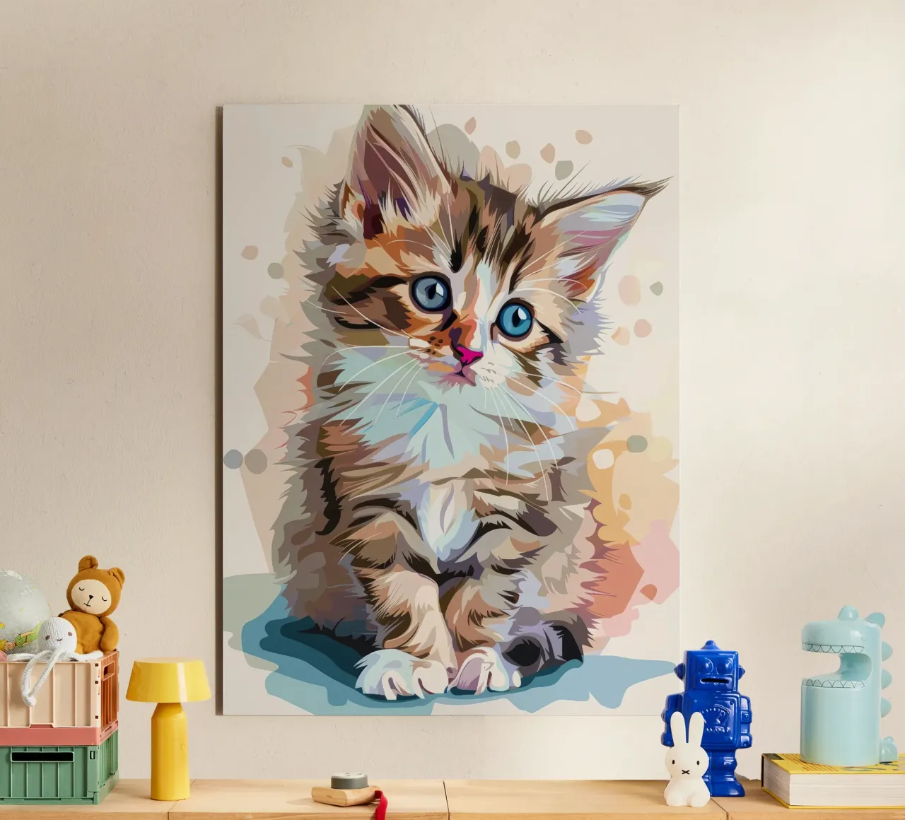 ein Kätzchen mit großen blauen Augen, die neugierig nach oben blicken Alu-Dibond von DesignDoodle