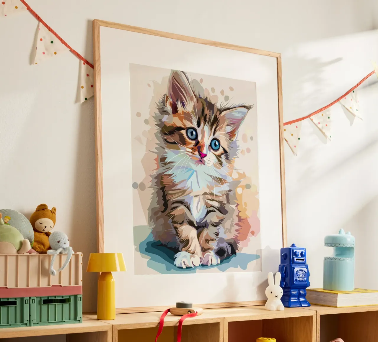 ein Kätzchen mit großen blauen Augen, die neugierig nach oben blicken Hahnemühle von DesignDoodle