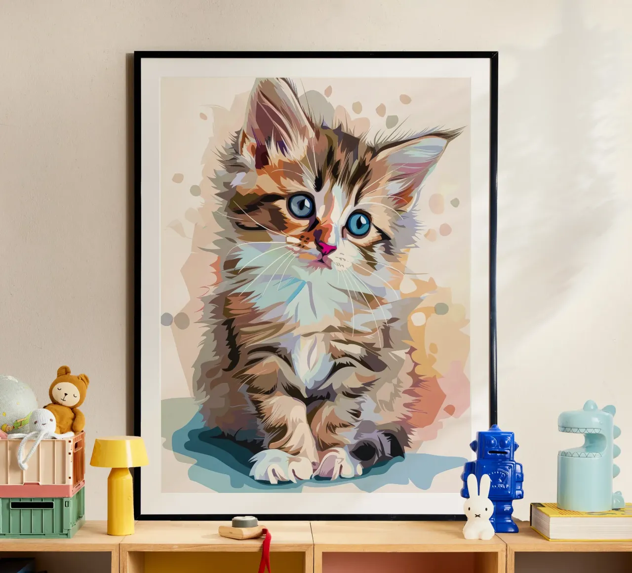 ein Kätzchen mit großen blauen Augen, die neugierig nach oben blicken Hahnemühle von DesignDoodle