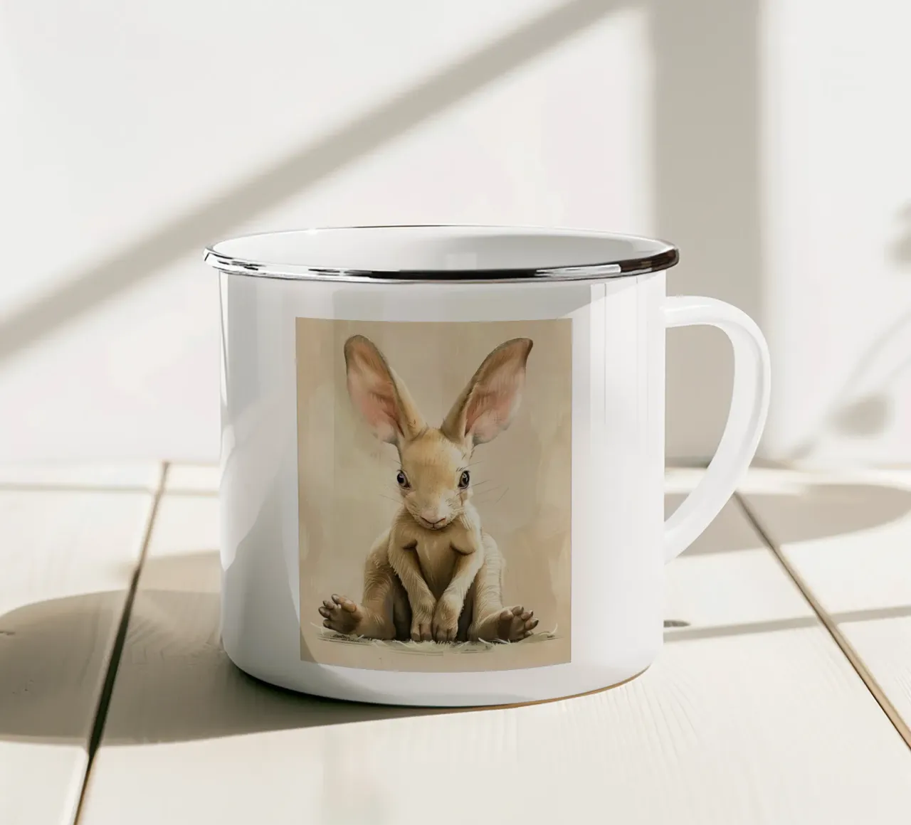 un cucciolo di coniglio seduto con grazia e calma con grandi orecchie tazza in smalto da DesignDoodle